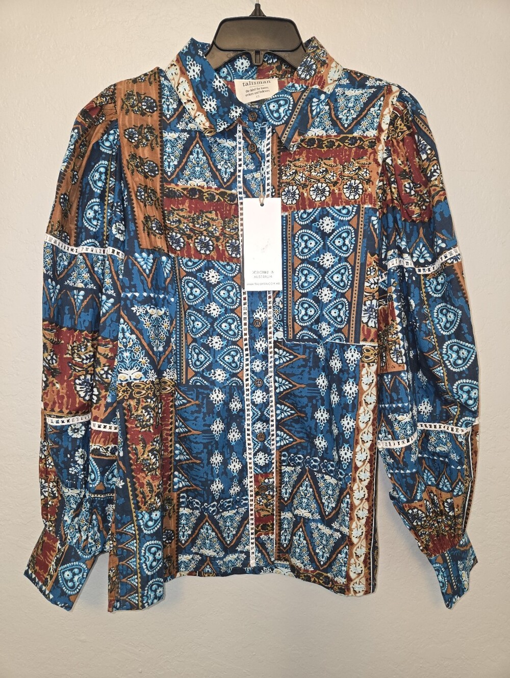 Talisman Castella Patchwork Print Cotton Button-Up Shirt, Size XS - Picture 3 of 4